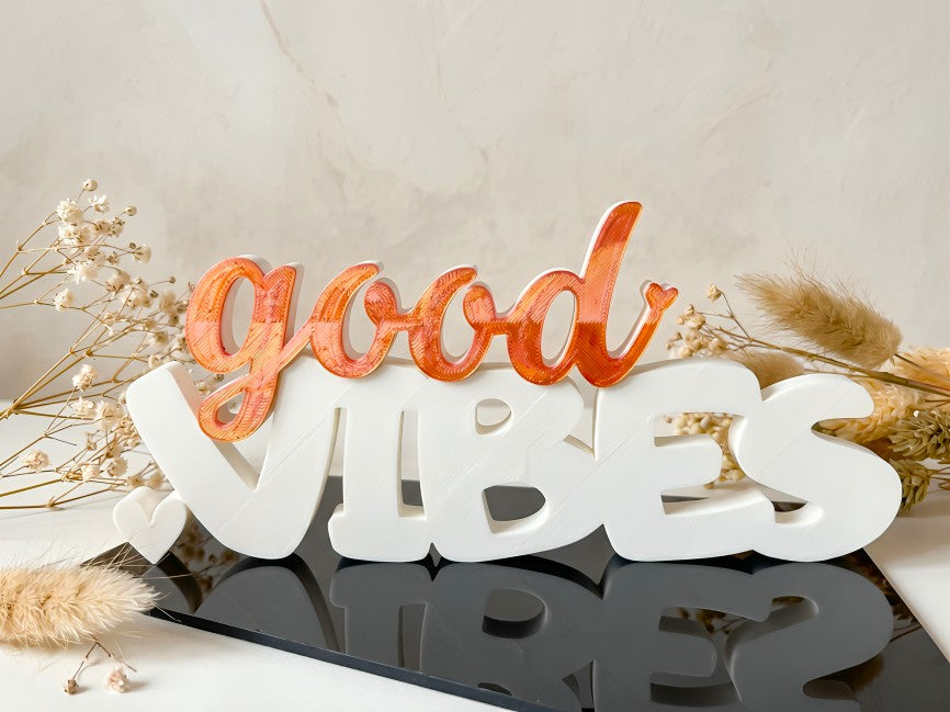 3D Printed "Good Vibes" Boxy Lettering Sign | Freestanding Tabletop & Desk Decor