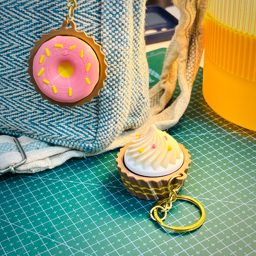 Clicky Fidget Cupcake & Donut Keychain Set (Pack of 2) + FREE Dumpling Momo Fidget Bag Tag