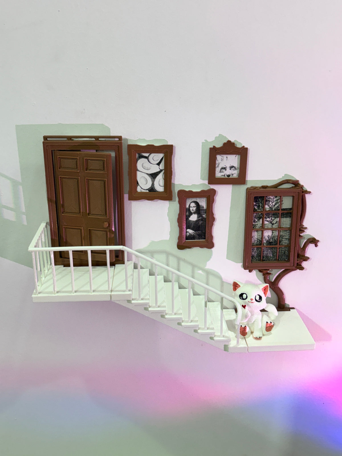 3D Printed Miniature Staircase Wall Shelf with Door & Mini Photo Frames