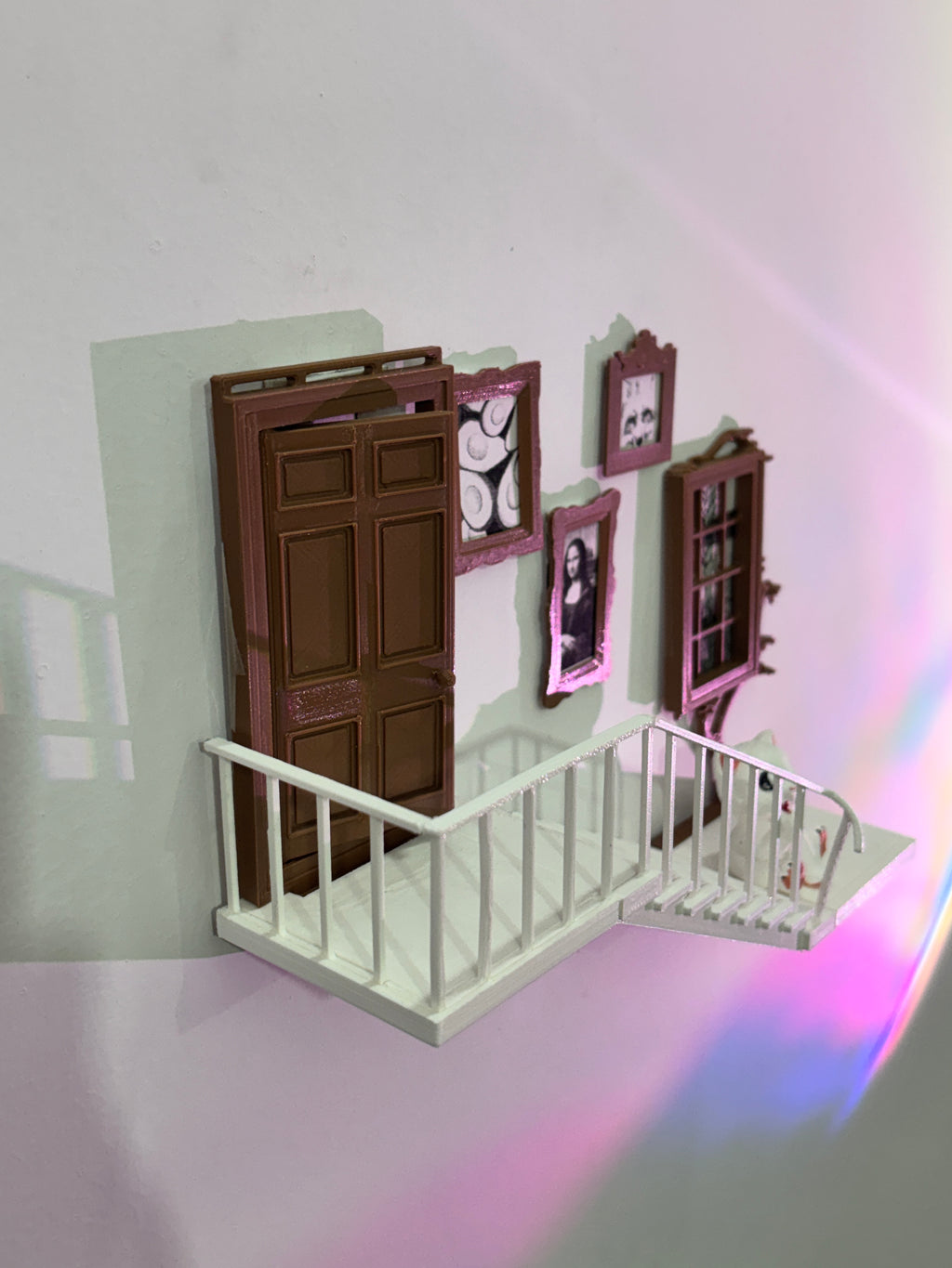 3D Printed Miniature Staircase Wall Shelf with Door & Mini Photo Frames
