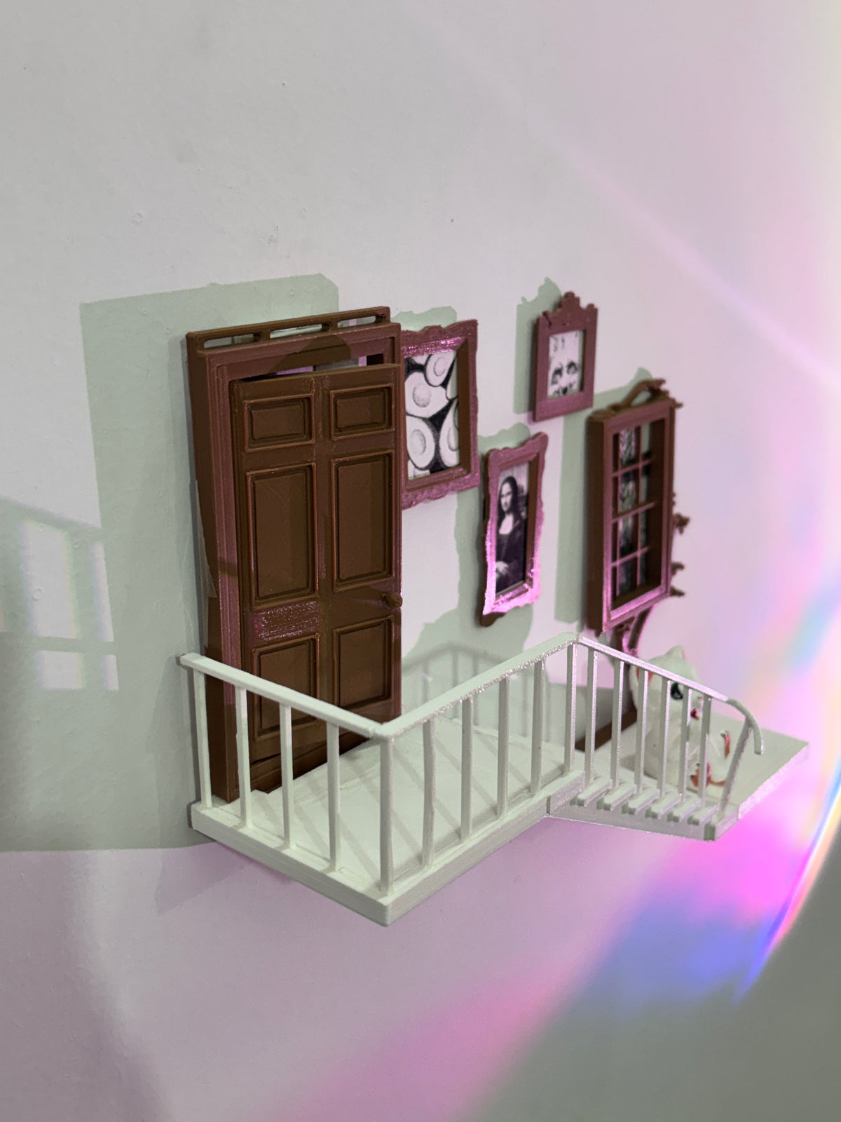 3D Printed Miniature Staircase Wall Shelf with Door & Mini Photo Frames