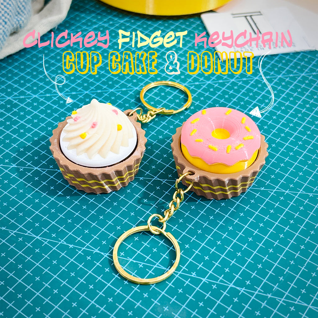 Clicky Fidget Cupcake & Donut Keychain Set (Pack of 2) + FREE Dumpling Momo Fidget Bag Tag