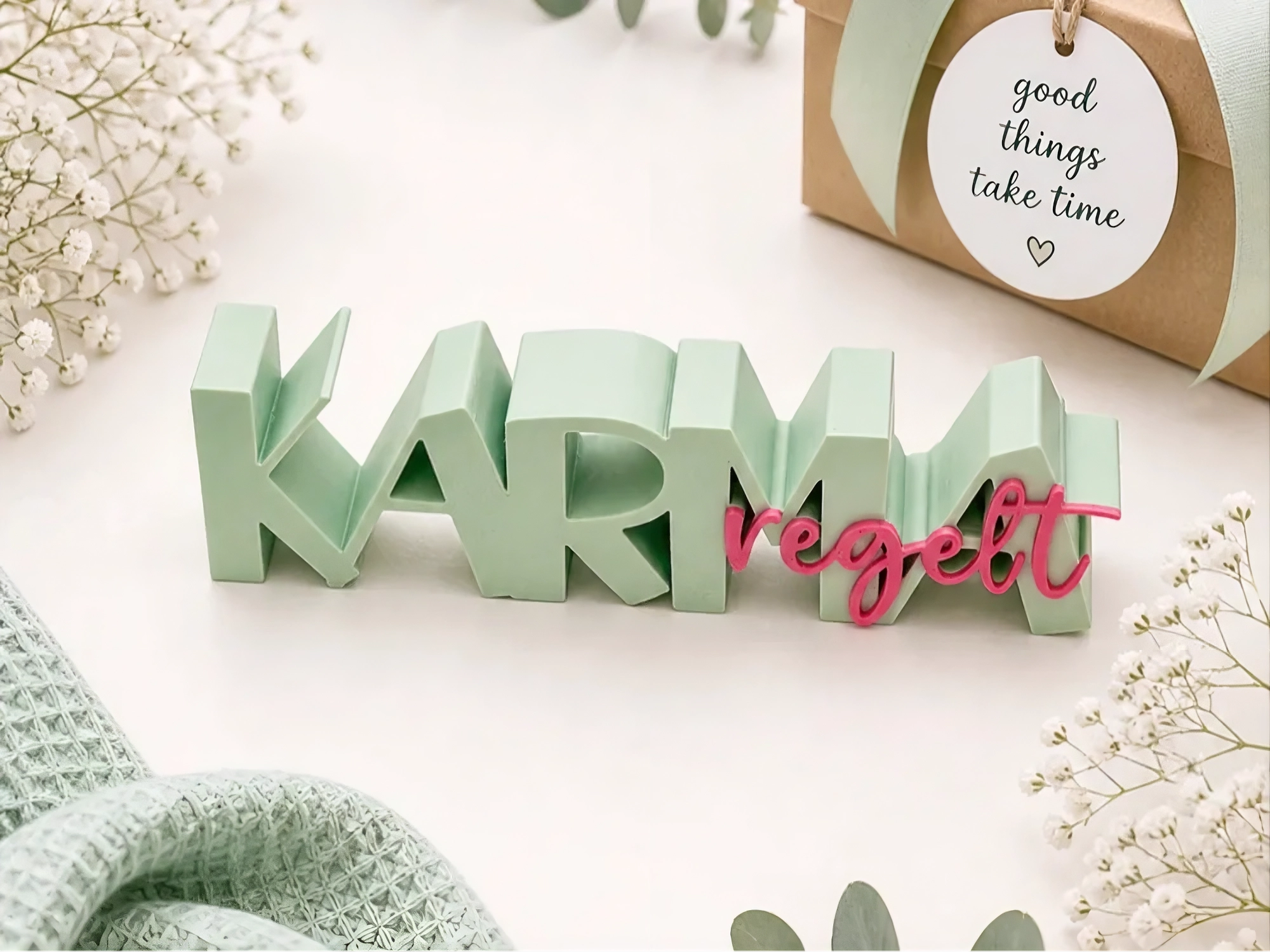 3D Printed "Karma Regelt" Boxy Lettering Sign | Freestanding Tabletop Decor & Gift